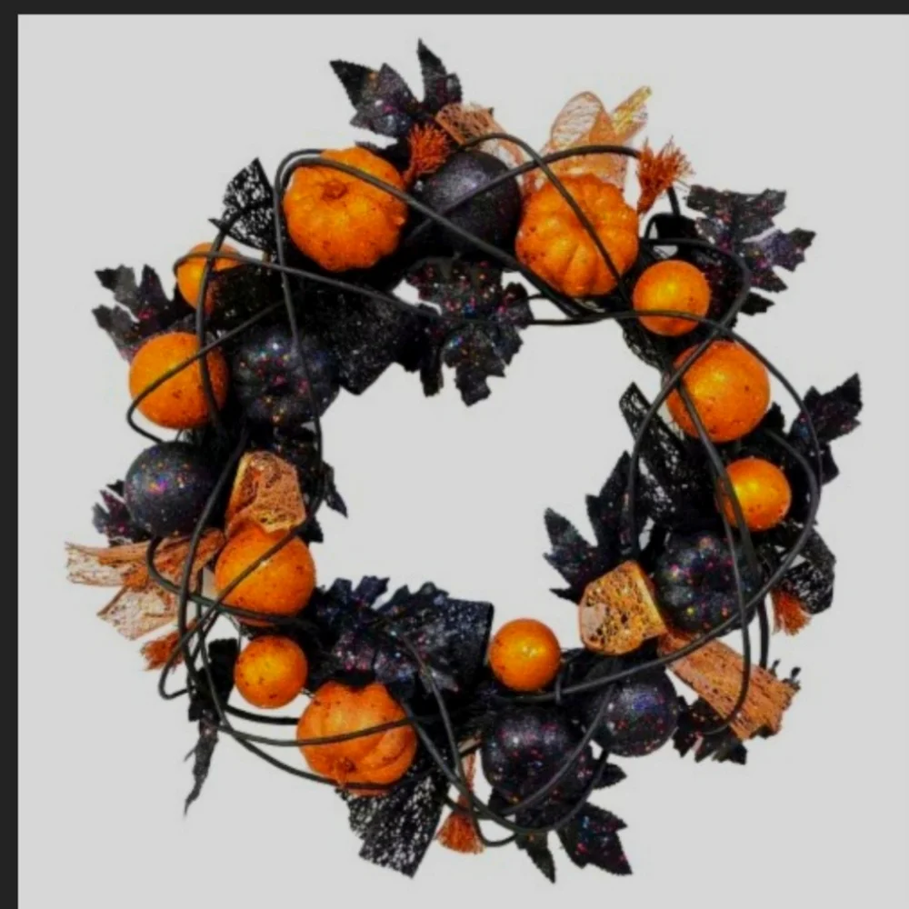 New Holiday Home LED Light up Fall Orange/Black Pumpkin Wreath HALLOWEEN